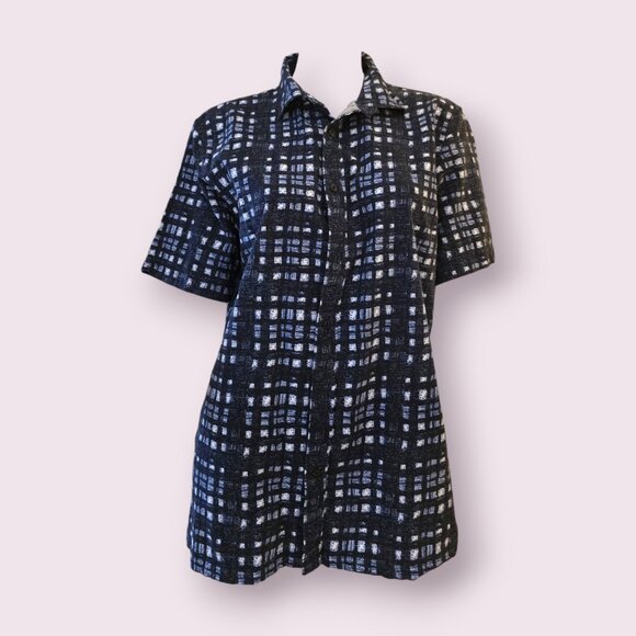 Banana Republic Short Sleeve Button-Up Shirt Navy/White Check - Picture 1 of 5